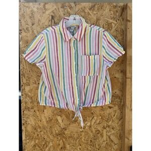 Arizona Jean Co Button Up Rainbow Striped Shirt Tie Front Crop SZ Medium
